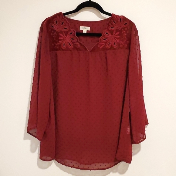 Style & Co. Maroon burgundy eyelet 3/4 sleeve eyelet lined 1X Flowy Boho - Picture 1 of 9